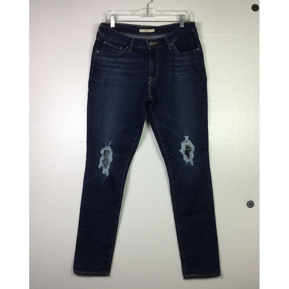 Levi Jeans 711 Skinny Unisex Sz 32X30 Stretch Blue denim distressed holes patch